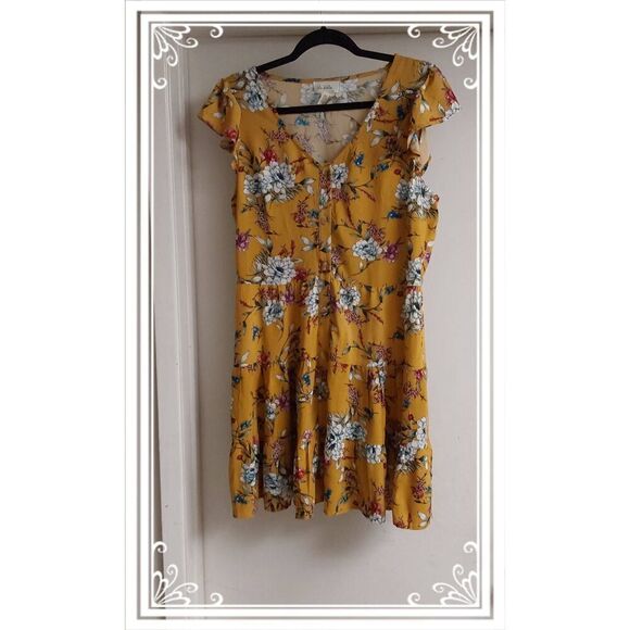 Pretty BLUE DAHLIA Sunflower Yellow & Berry Babydoll Mini Dress Sz Large - Picture 1 of 3